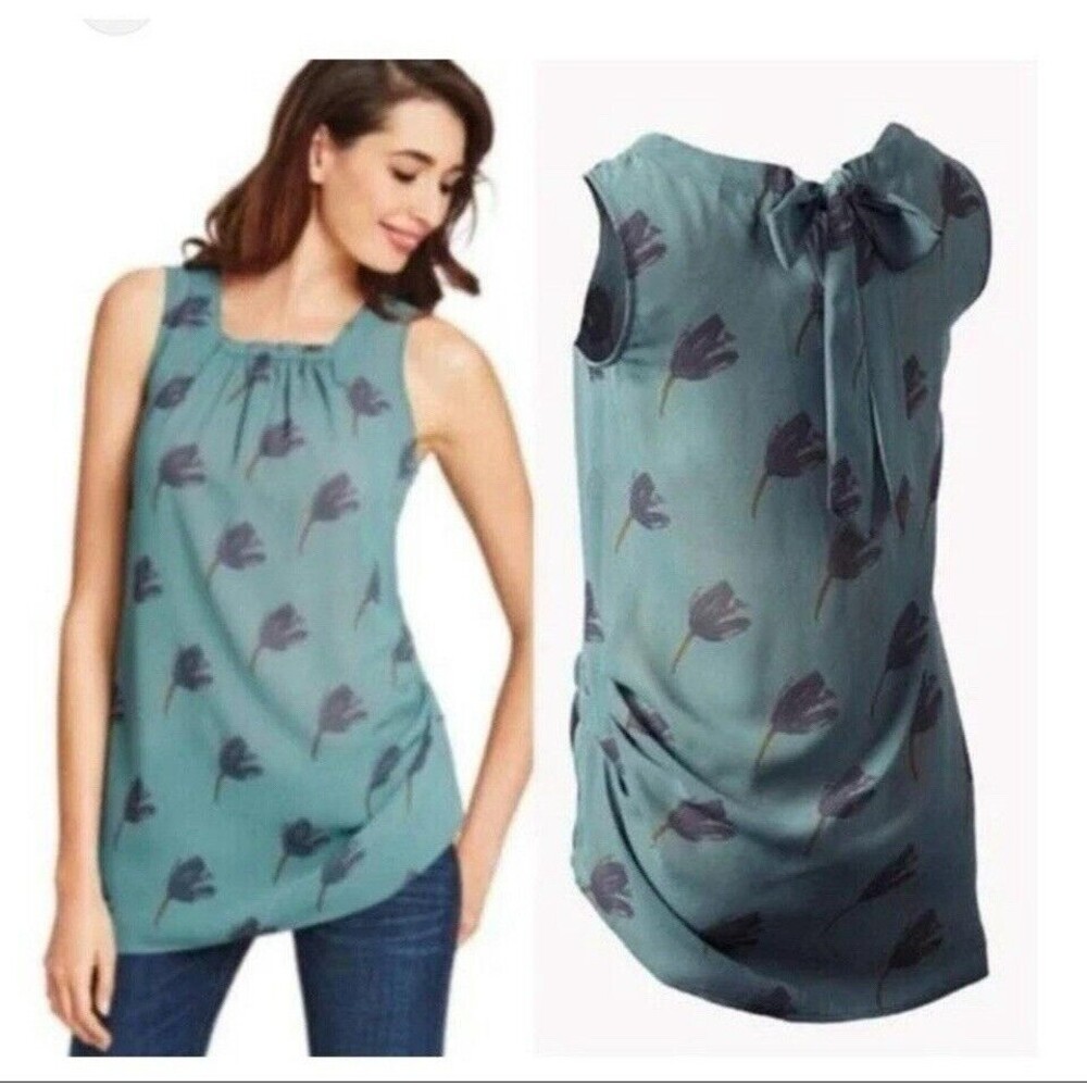Cabi Floral Sleeveless Blouse Women’s Medium Green Purple Square Neck Coquette
